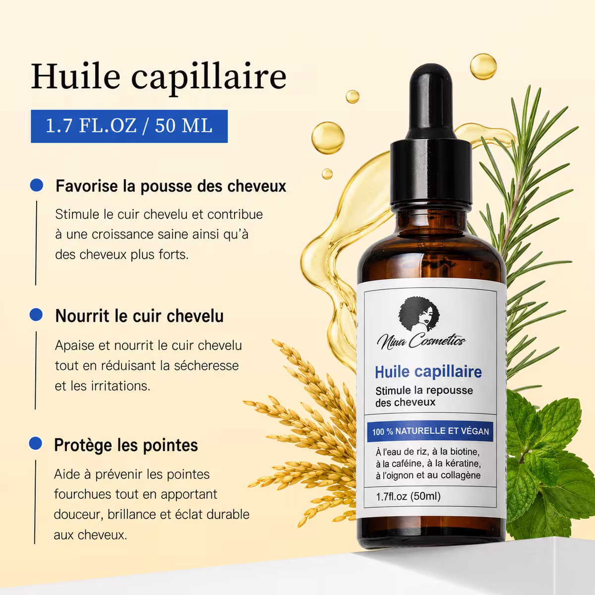 Huile capillaire botanique Niwa Cosmetics stimulant la pousse, flacon 50 ml