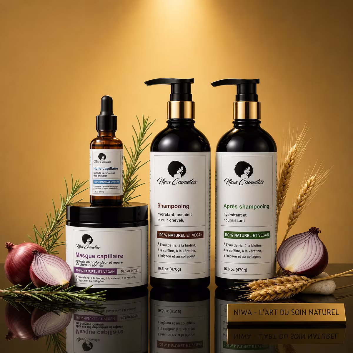Pack complet Niwa Cosmetics — shampoing, après-shampoing, masque et huile capillaire réunis