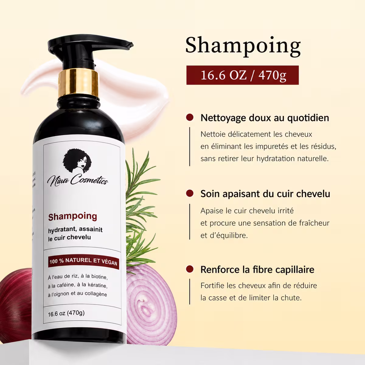 Shampoing hydratant Niwa Cosmetics à l'eau de riz et biotine, flacon sur fond doré